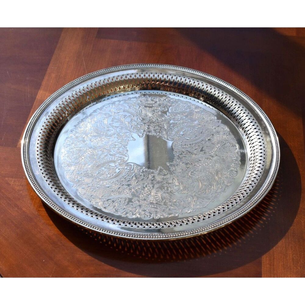 Vintage Oneida Silverplate Serving Tray Pierced Gallery Rococo USA - 12"